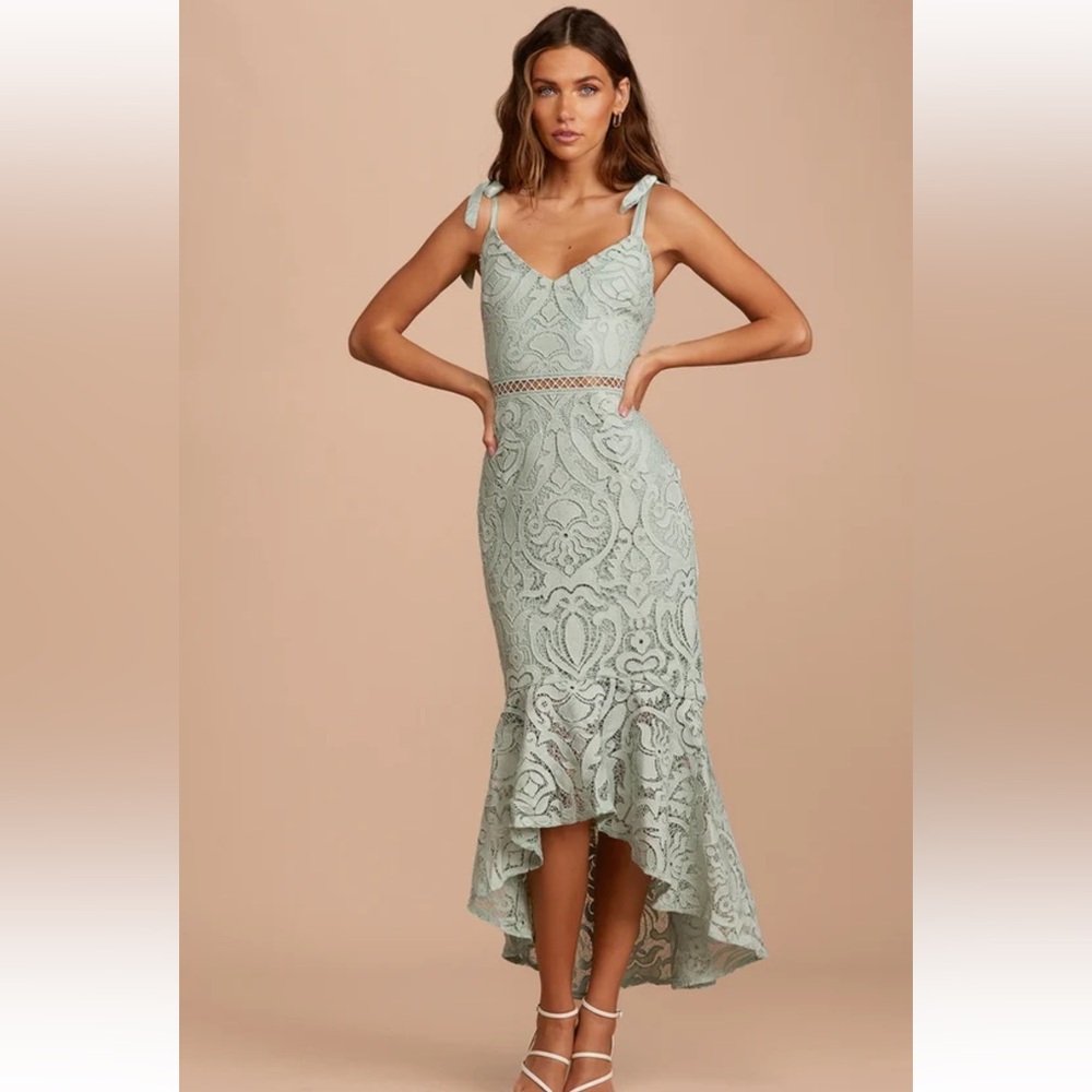 Lulu's Sage Green Lace High-Low Midi Dress